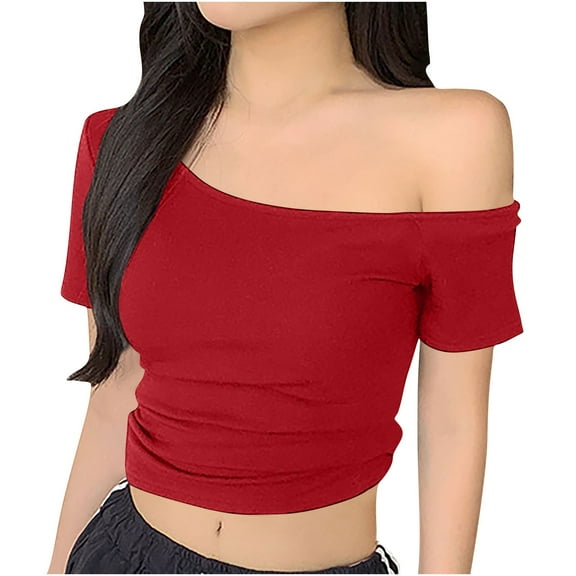 fatyb Women's off the Shoulder Tops Short Sleeve Casual Slim Crop Shirts Summer Womens Going out Tops