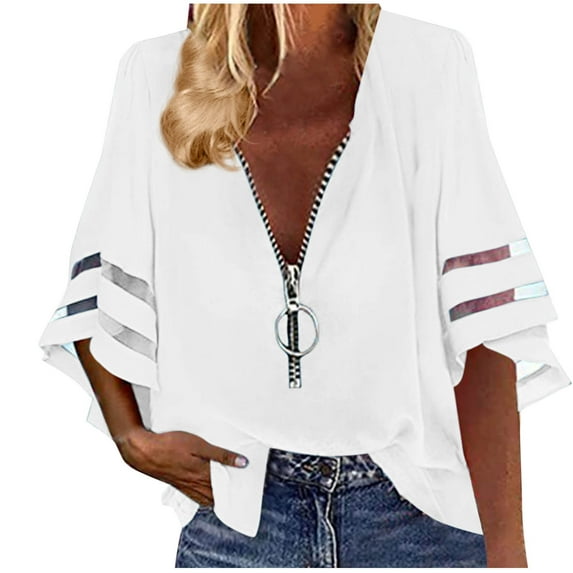 fatyb Womens 2025 Blouses Zip V Neck Mesh Patchwork Tops 3/4 Bell Sleeve Loose Dressy T Shirts for Women