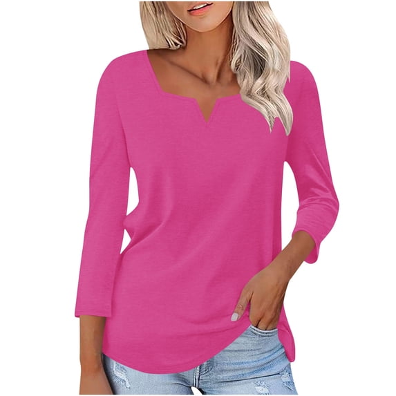 fatyb Womens 3/4 Length Sleeve V Neck T Shirts Casual Tunic Tops Solid Color Lightweight Blouses Tee