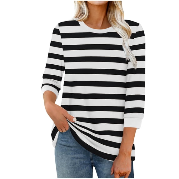 fatyb Womens 3/4 Sleeve Tops Crewneck Stripe Casual T Shirts Loose Print Dressy Tee Blouses for Women