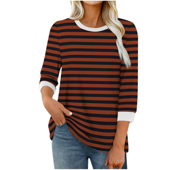 fatyb Womens 3/4 Sleeve Tops Crewneck Stripe Casual T Shirts Loose Print Dressy Tee Blouses for Women