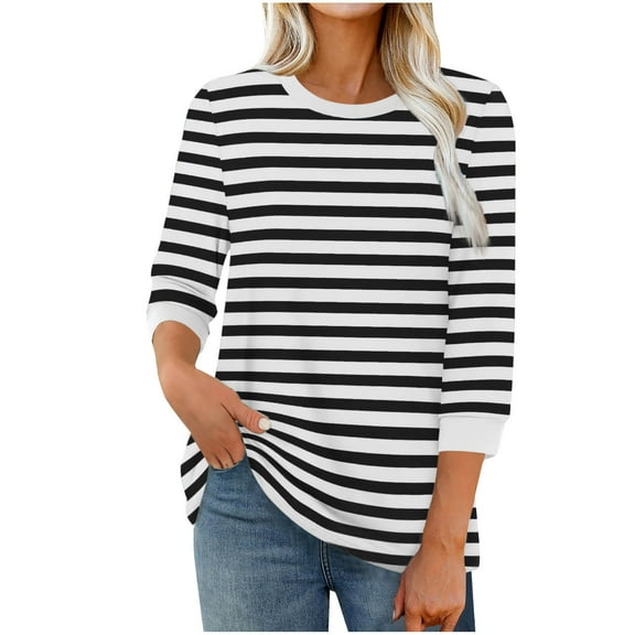 fatyb Womens 3/4 Sleeve Tops Crewneck Stripe Casual T Shirts Loose Print Dressy Tee Blouses for Women