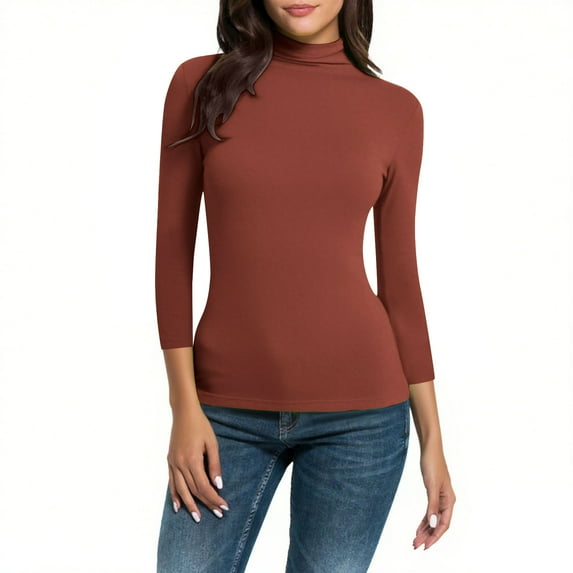 fatyb Womens 3/4 Sleeve Turtleneck Shirts Slim Lightweight Undershirts for Women Casual Stretch Basic Tee