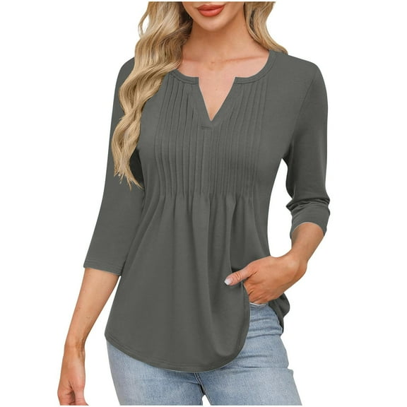 fatyb Womens 3/4 Sleeve V Neck Tops Pleated Flowy Dressy Tunic Shirts Casual Loose Summer Comfy Blouses