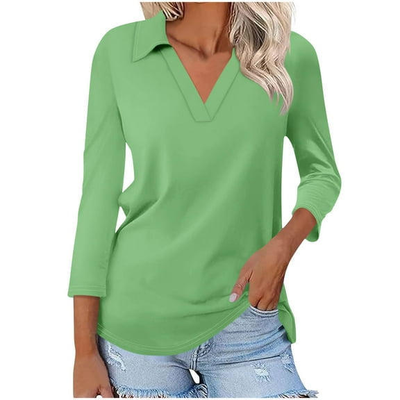 fatyb Womens 3/4 Sleeve V Neck Tops with Collar Solid Color Casual T Shirts Dressy Summer Loose Tees