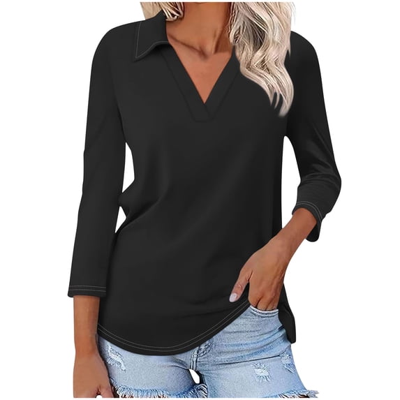 fatyb Womens 3/4 Sleeve V Neck Tops with Collar Solid Color Casual T Shirts Dressy Summer Loose Tees