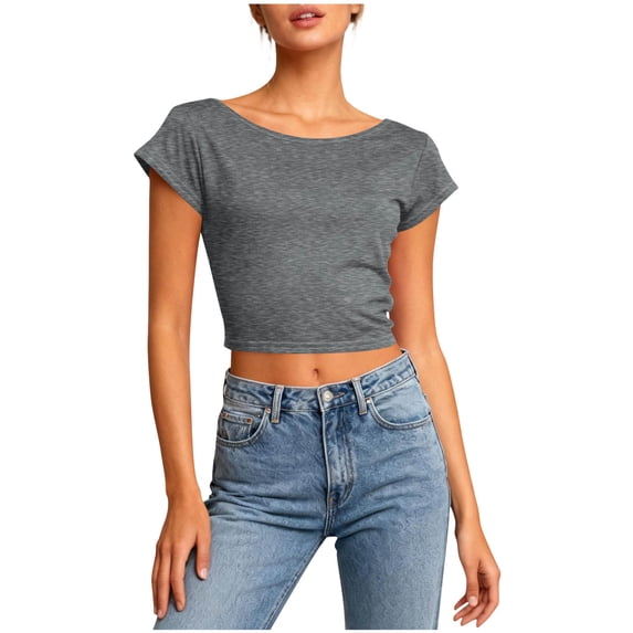 fatyb Womens Backless Short Sleeve Tops Crewneck Basic Tee Shirts Summer Lightweight Going out Tshirts