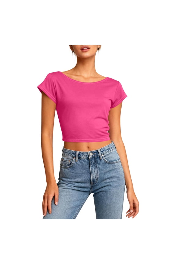 Womens Backless Short Sleeve Tops Crewneck Basic Tee Shirts Summer Lightweight Going out Tshirts