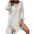 thumbnail image 1 of fatyb Womens Bathing Suit Coverup with Fringe Hollow out 3/4 Sleeve Cover up Bikini Wear Beach Dress, 1 of 5