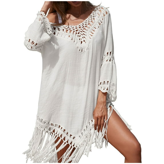 fatyb Womens Bathing Suit Coverup with Fringe Hollow out 3/4 Sleeve Cover up Bikini Wear Beach Dress