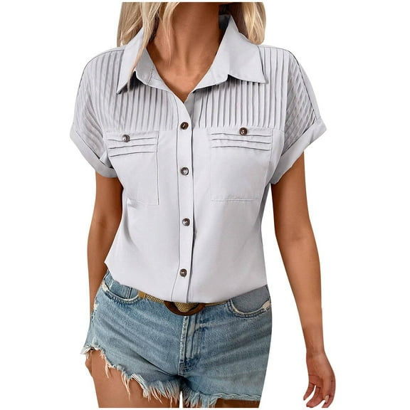 fatyb Womens Button down Shirts Casual Short Sleeve Textured Shirts Business Office Work Collar Blouses