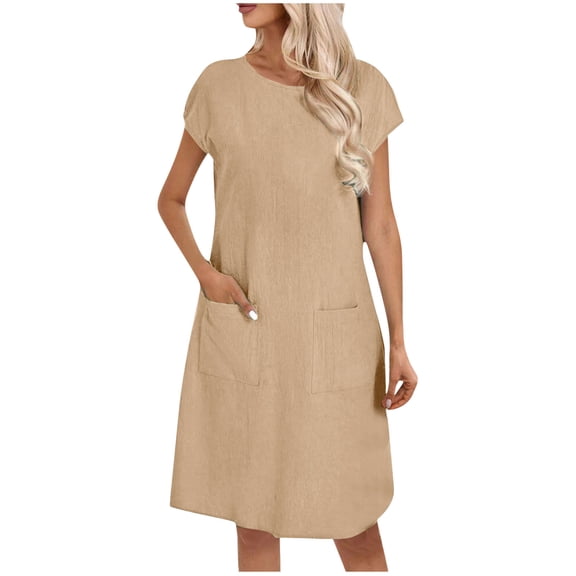 fatyb Womens Casual Dresses Summer Short Sleeve Pocket Dresses for Women Lightweight Plain Midi Dresses