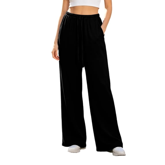 fatyb Womens Casual Pants High Waist Drawstring with Pockets Comfort Wide Leg Pants for Everyday Wear