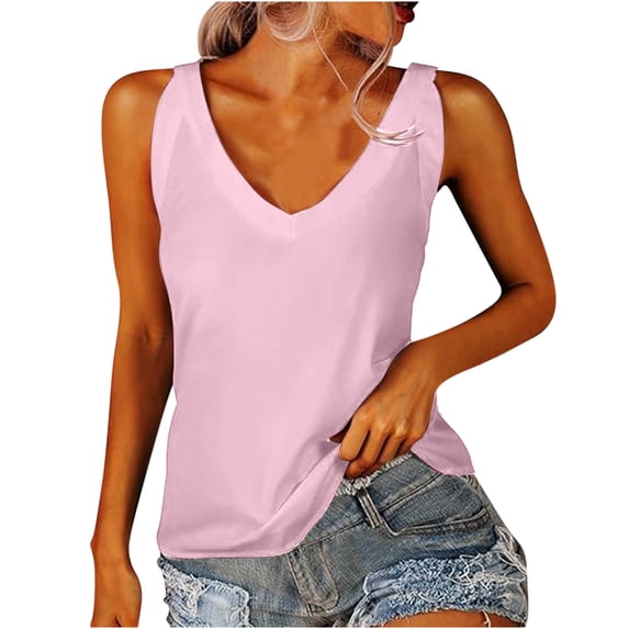 fatyb Womens Casual Tank Tops V Neck Loose Basic Tee Shirts Sleeveless Solid Color Summer Tunic Blouses