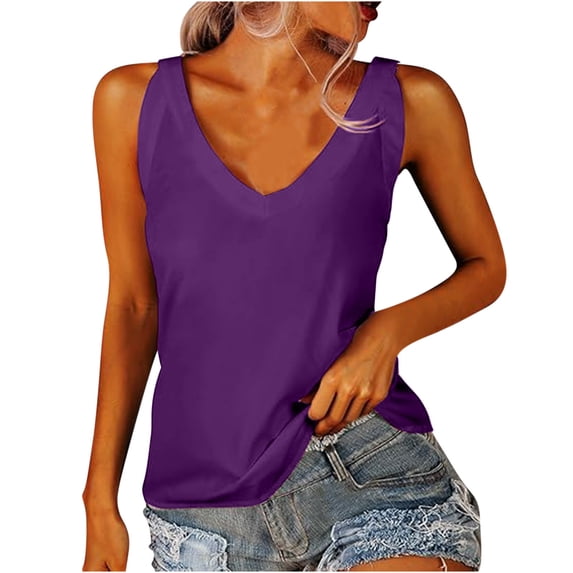 fatyb Womens Casual Tank Tops V Neck Loose Basic Tee Shirts Sleeveless Solid Color Summer Tunic Blouses