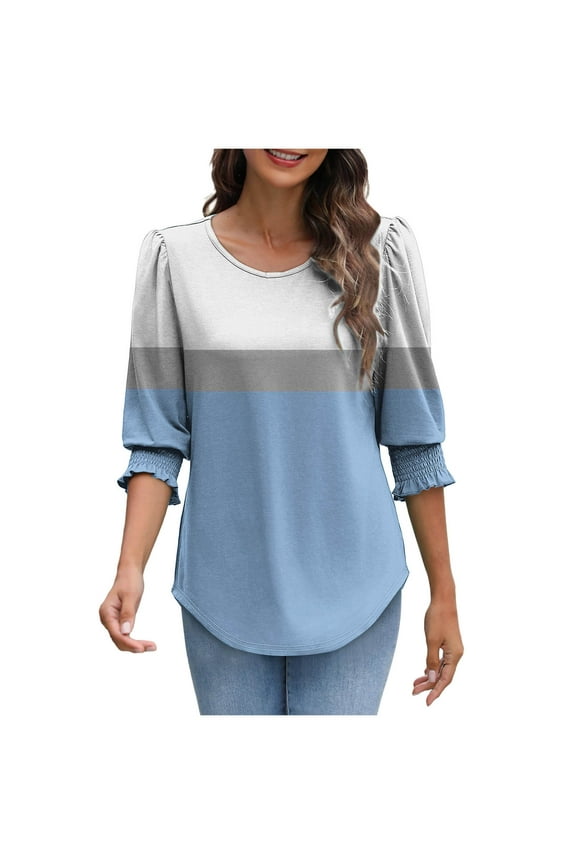Womens Casual Tops Puff 3/4 Sleeve Crewneck Loose Blouses Printed Trendy Summer Shirts for Women