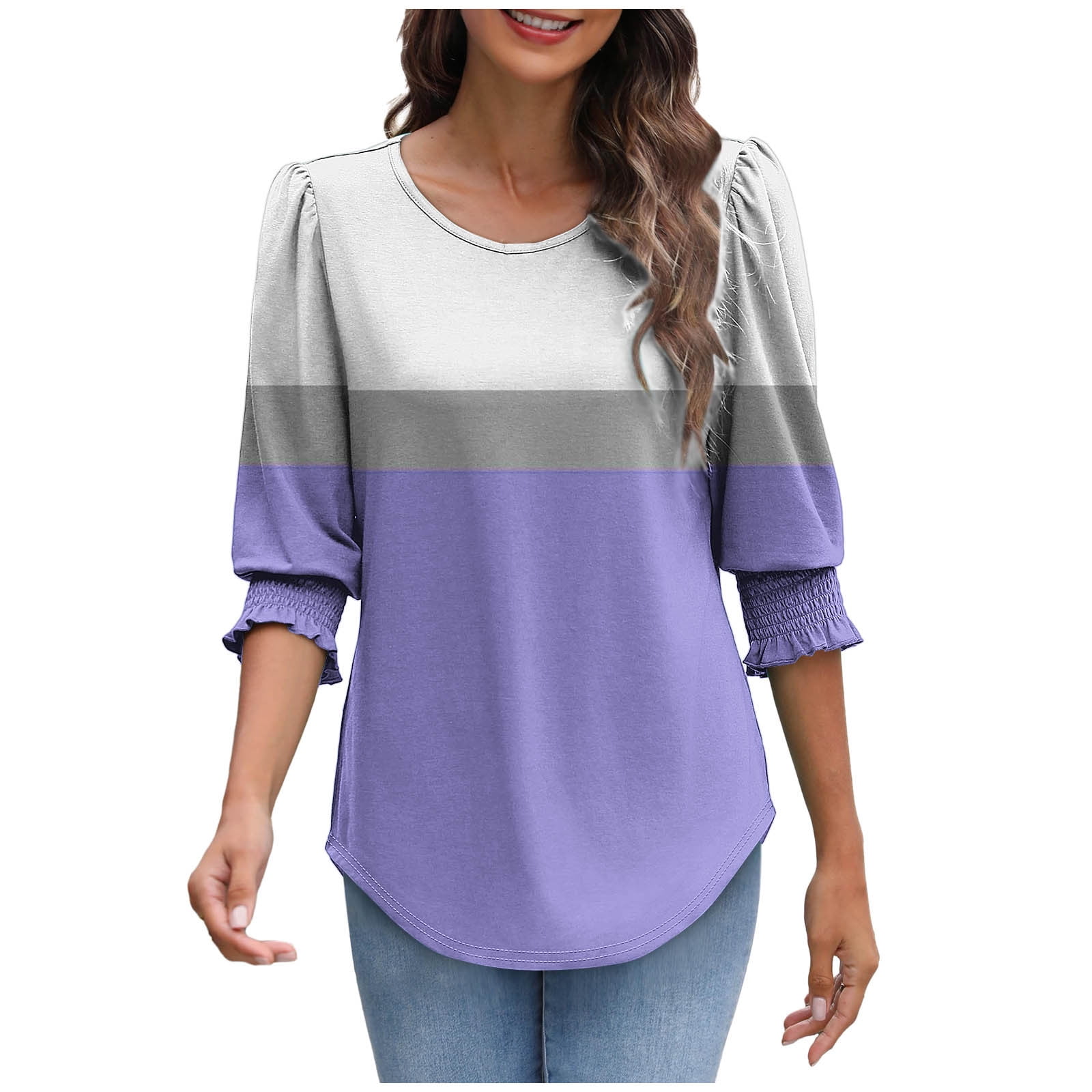 Women's 3/4 Sleeve Floral Print Blouse - Loose Fit Casual Plus Size Top, Crewneck Tee