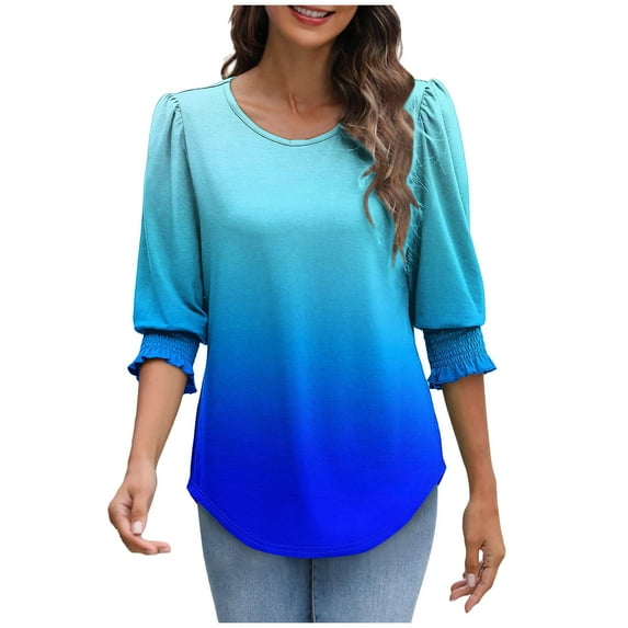 fatyb Womens Casual Tops Puff 3/4 Sleeve Crewneck Loose Blouses Printed Trendy Summer Shirts for Women