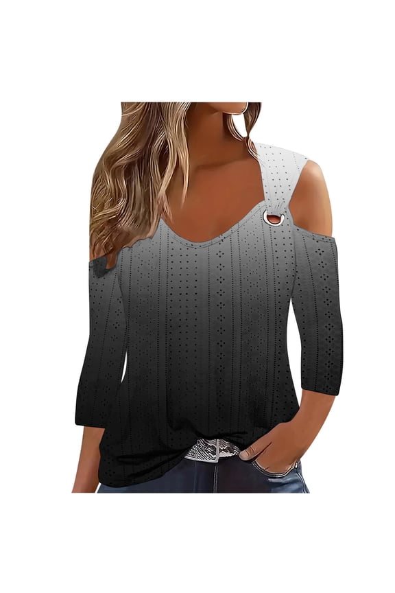 Womens Cold Shoulder Eyelet Tops 3/4 Sleeve Gradient Printed Shirts V Neck Hollow out Tunic Tops