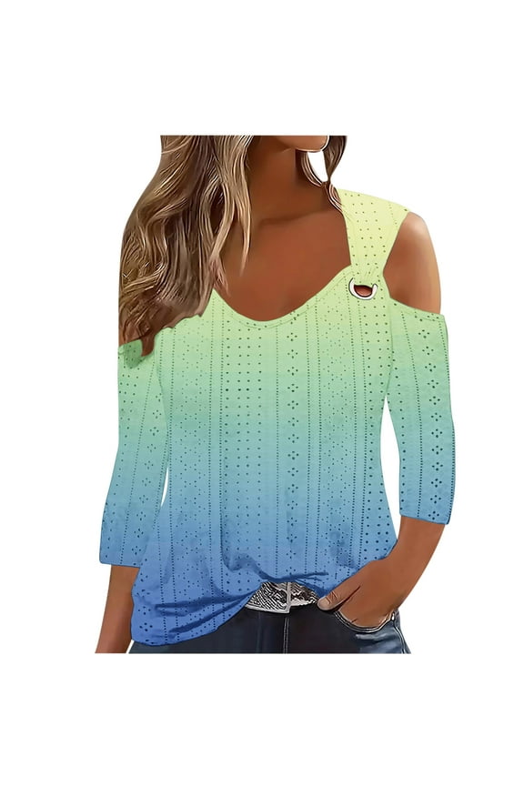 Womens Cold Shoulder Eyelet Tops 3/4 Sleeve Gradient Printed Shirts V Neck Hollow out Tunic Tops