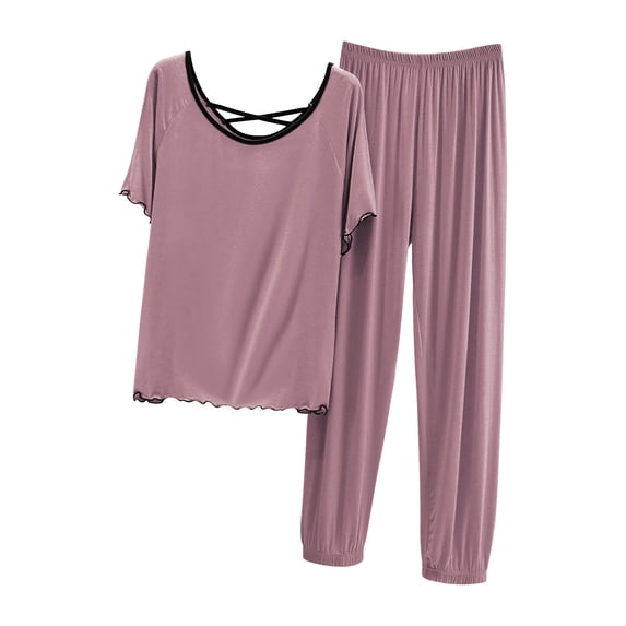 fatyb Womens Comfy Pajama Sets Short Sleeve Crew Neck Tops with Sleep Pants 2 Piece Ladies Pjs Outfits