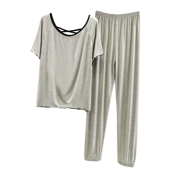 fatyb Womens Comfy Pajama Sets Short Sleeve Crew Neck Tops with Sleep Pants 2 Piece Ladies Pjs Outfits