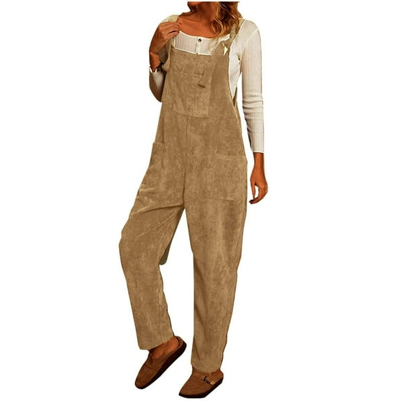 fatyb Womens Corduroy Overalls Adjustable Strap Romper Fall Winter Casual Jumpsuit Trousers with Pockets