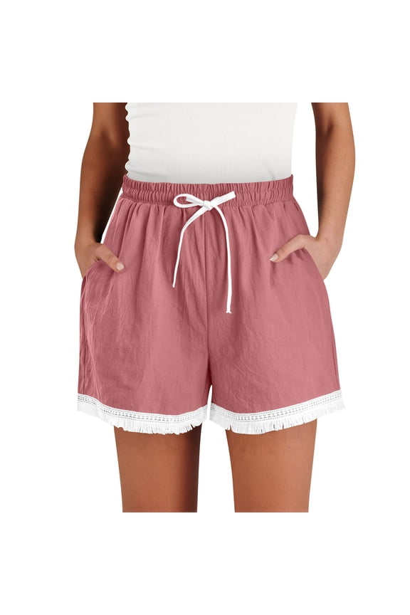 Womens Cotton Linen Shorts Summer Casual Shorts Drawstring Elastic Waist Beach Vacation Cover up Shorts