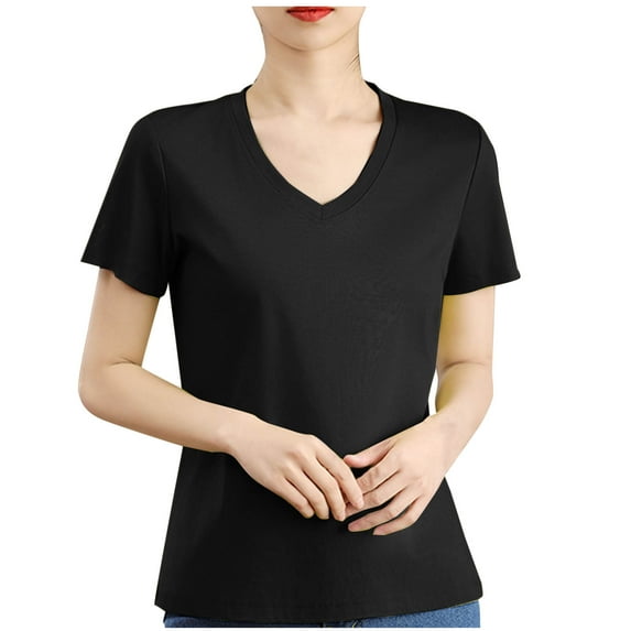 fatyb Womens Cotton T-Shirts V Neck Short Sleeve Casual Tee Tops Solid Color Breathable Summer T Shirts