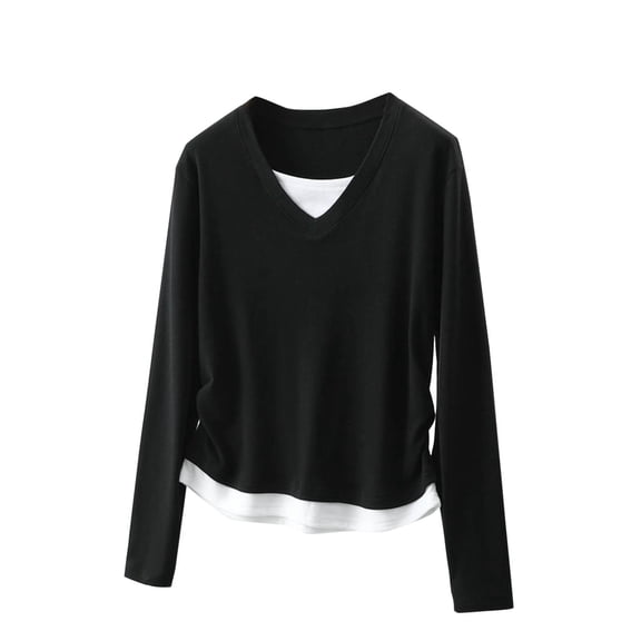 fatyb Womens Cotton Tops Long Sleeve Casual Round Neck Shirts Bottoms Pullover Spring 2 in 1 Blouses