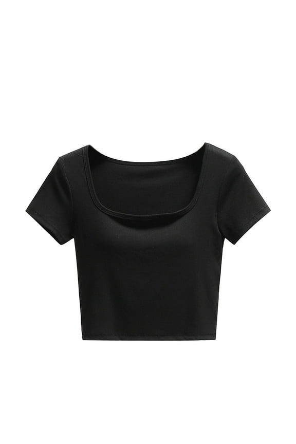 Womens Crop T-Shirts with Built in Bra Square Neck Short Sleeve Basic Tee Summer Going out Tops