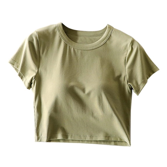 fatyb Womens Crop Tops Short Sleeve Built in Bra Going out Tops Crewneck Workout Basic Padded T-Shirts