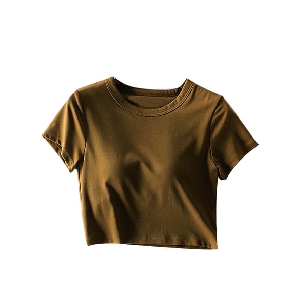 fatyb Womens Crop Tops Short Sleeve Built in Bra Going out Tops Crewneck Workout Basic Padded T-Shirts
