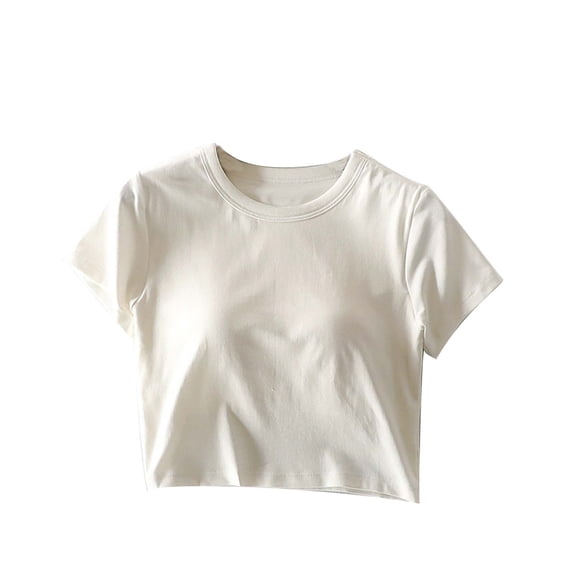 fatyb Womens Crop Tops Short Sleeve Built in Bra Going out Tops Crewneck Workout Basic Padded T-Shirts
