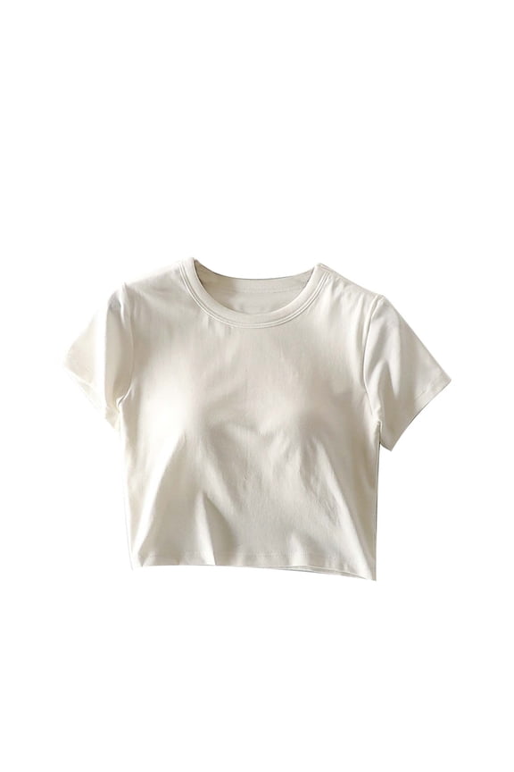 Womens Crop Tops Short Sleeve Built in Bra Going out Tops Crewneck Workout Basic Padded T-Shirts