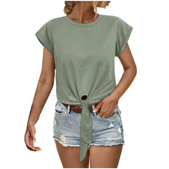 fatyb Womens Cropped T-Shirts Tie Front Short Sleeve Tee Tops Casual Crewneck Summer Tshirts for Women