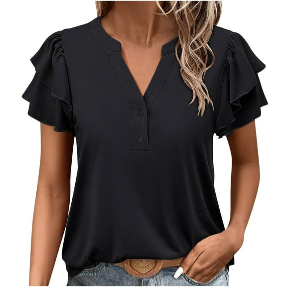 fatyb Womens Dressy Tops Ruffle Short Sleeve Elegant Tunic Tops Button up V Neck Casual Loose Blouses