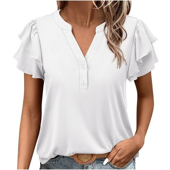 fatyb Womens Dressy Tops Ruffle Short Sleeve Elegant Tunic Tops Button up V Neck Casual Loose Blouses