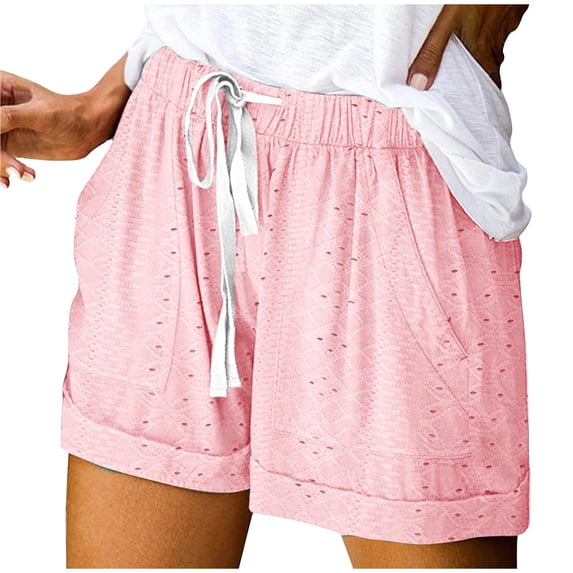 fatyb Womens Eyelet Embroidery Shorts Drawstring Summer Casual Shorts Lightweight Plain Beach Shorts