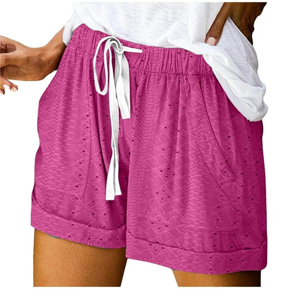 fatyb Womens Eyelet Embroidery Shorts Drawstring Summer Casual Shorts Lightweight Plain Beach Shorts