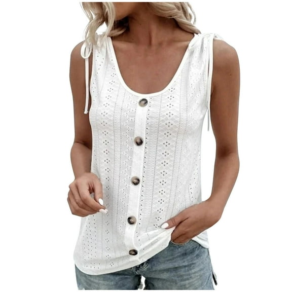 fatyb Womens Eyelet Tank Tops U Neck Sleeveless Tunic Tops Loose Blouses Button down Casual Cami Shirts