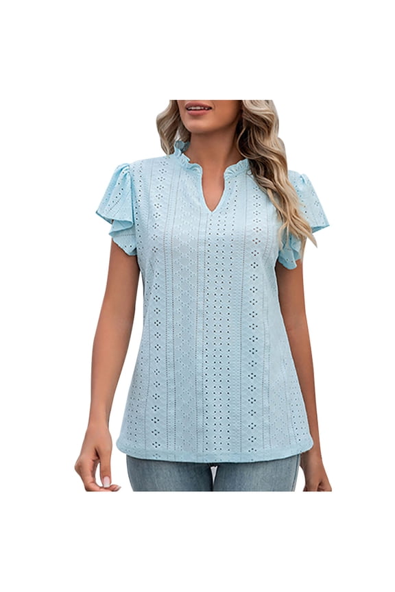 Womens Eyelet Tops Summer Ruffle Short Sleeve T-Shirts V Neck Lightweight Casual Tunic Blouses