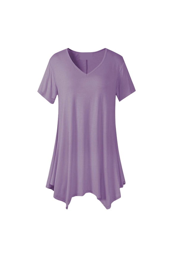 Womens Flowy Long Blouses V Neck Short Sleeve Casual Tunic Shirts Dressy Loose Asymmetrical Tops