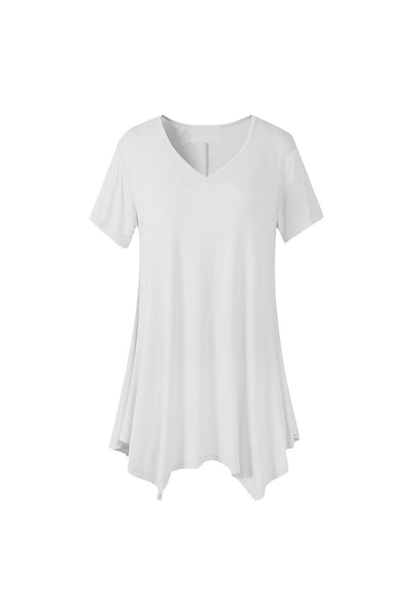 Womens Flowy Long Blouses V Neck Short Sleeve Casual Tunic Shirts Dressy Loose Asymmetrical Tops