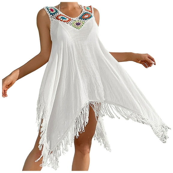 fatyb Womens Fringe Swimsuit Cover up Crochet Sleeveless Coverup Bikini Beach Tank Dress for Swimwear
