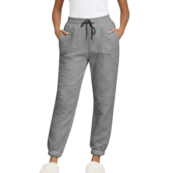 fatyb Womens Fuzzy Fleece Jogger Pants Drawstring Warm Sweatpants Thick Thermal Trousers with Pockets