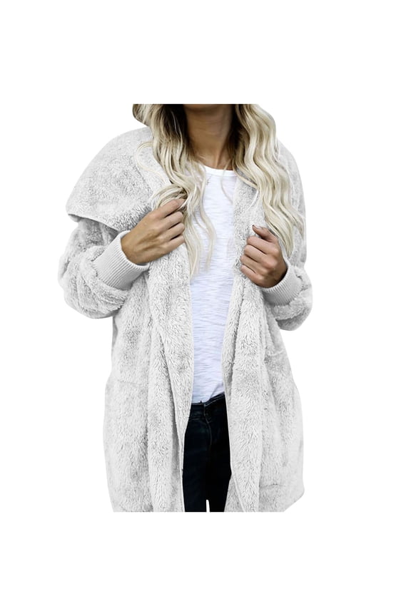 Womens Fuzzy Hooded Jackets Lounge Open Front Sherpa Cardigan with Pockets Thermal Winter Coat