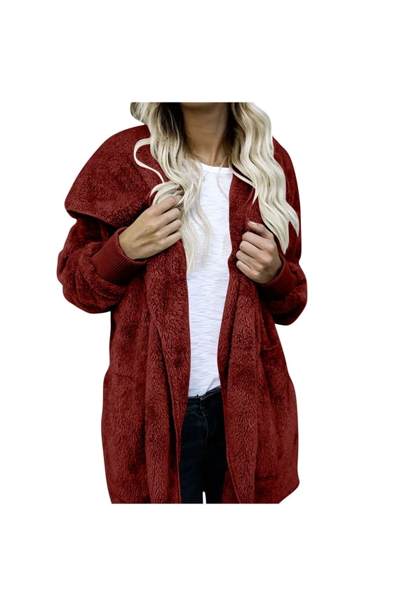 Womens Fuzzy Hooded Jackets Lounge Open Front Sherpa Cardigan with Pockets Thermal Winter Coat