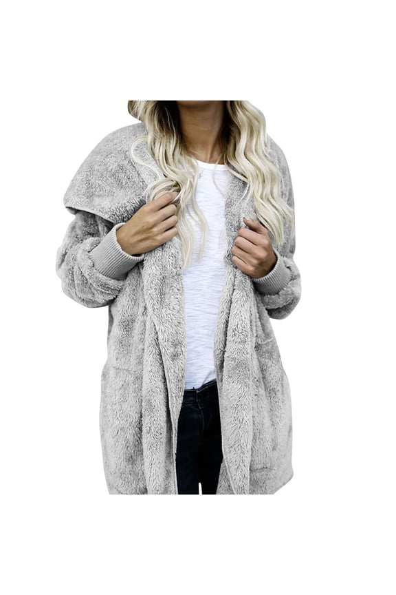 Womens Fuzzy Hooded Jackets Lounge Open Front Sherpa Cardigan with Pockets Thermal Winter Coat