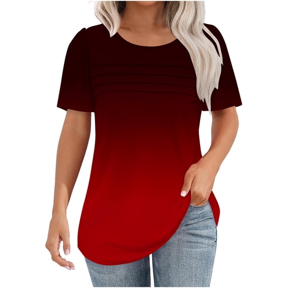 fatyb Womens Gradient Color Shirts Short Sleeve Crewneck Casual Tunic Tops Pleated Loose Dressy Blouses
